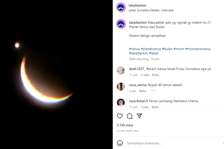 Tangkapan layar unggahan foto yang memperlihatkan planet venus dan bulan saling berdekatan saat bulan Ramadhan.