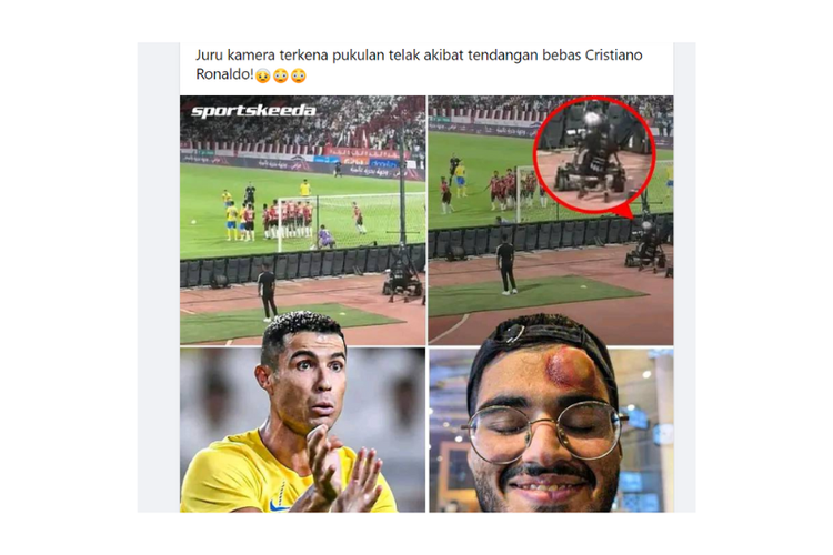 Foto seorang pria benjol yang dinarasikan akibat terkena tendangan bebas Cristiano Ronaldo. Setelah ditelusuri, foto pria benjol itu telah diunggah di internet jauh sebelum laga Al-Nassr vs Al-Raed.
