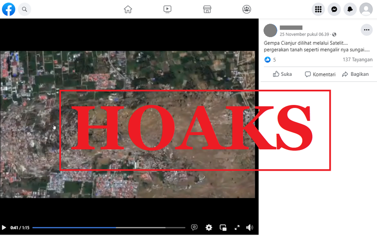 Tangkapan layar unggahan dengan narasi hoaks di sebuah akun Facebook, Jumat (25/11/2022), soal video rekaman satelit gempa Cianjur. Faktanya, itu adalah video likuifaksi tanah di kompleks perumahan Petobo, Palu, Sulawesi Tengah pada September 2018.