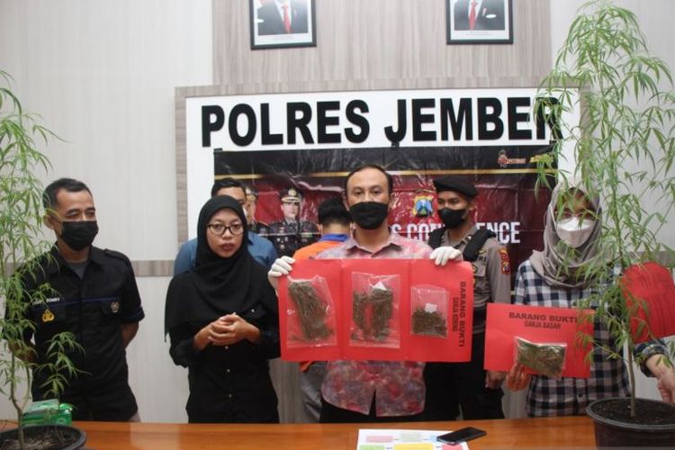 Kasat Resnarkoba Polres Jember Iptu Sugeng Iryanto menunjukkan barang bukti yang diamankan dari tersangka dalam pers rilis yang digelar di Mapolres Jember, Jumat (26/11/2021).