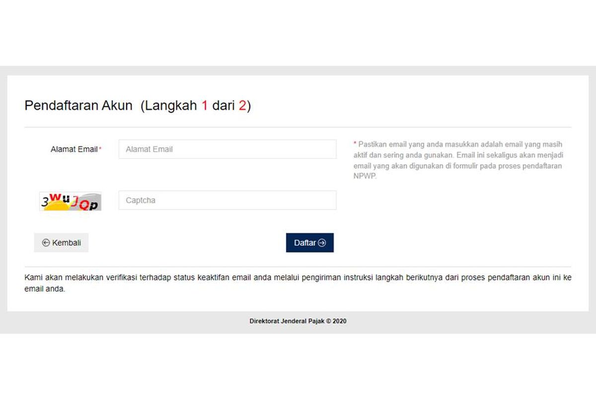 Tangkapan layar laman https://ereg.pajak.go.id/daftar untuk membuat NPWP