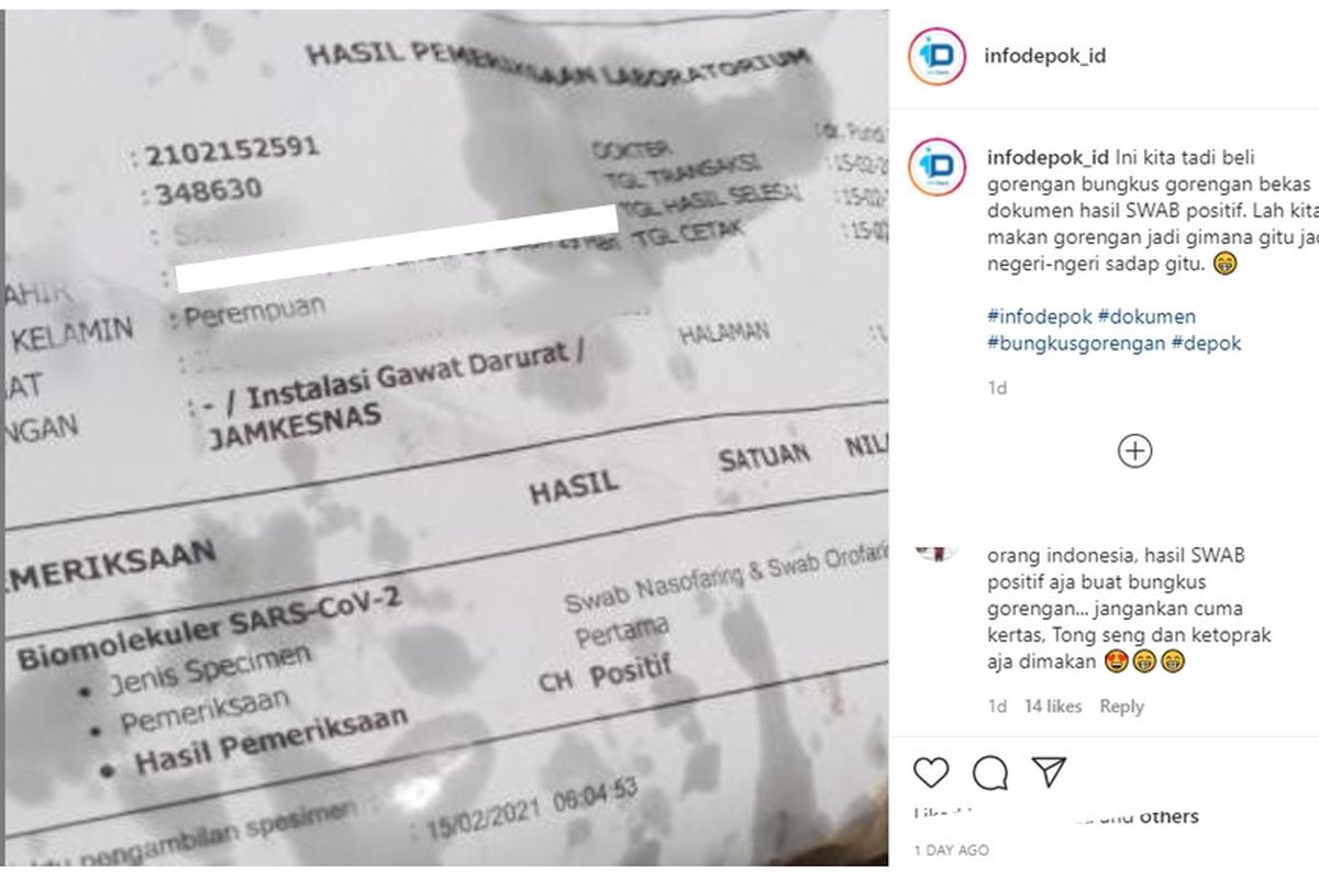 Viral unggahan dokumen hasil swab PCR positif Covid-19 jadi bungkus gorengan