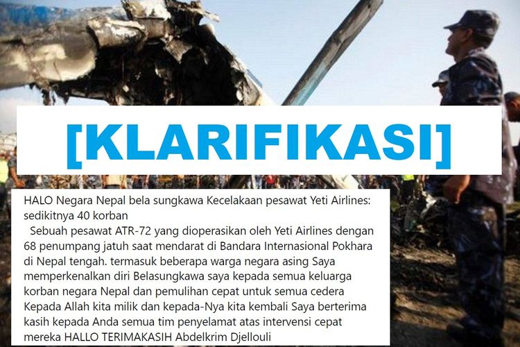 Klarifikasi, foto kecelakaan pesawat di Nepal pada 2012 kembali beredar dan disebut sebagai foto kecelakaan pesawat Yeti Airlines yang terjadi pada Minggu (15/1/2023).