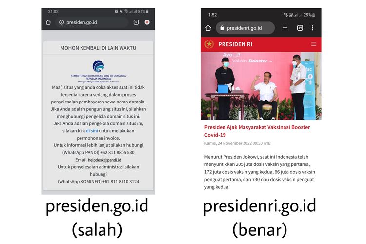 Tangkapan layar situs presiden.go.id (kiri) dan laman resmi presidenri.go.id (kanan).