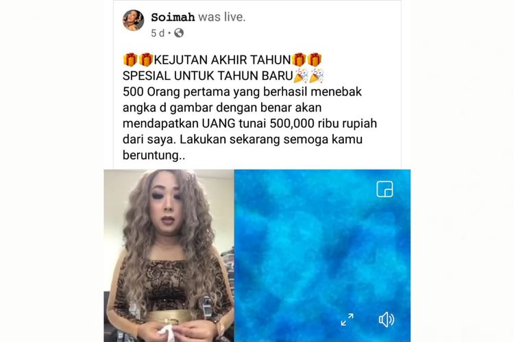 Status Facebook hoaks bagi-bagi uang tunai mengatasnamakan Soimah.