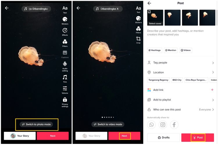 Cara mengunggah gambar format carousel di TikTok dengan fitur Photo Mode.