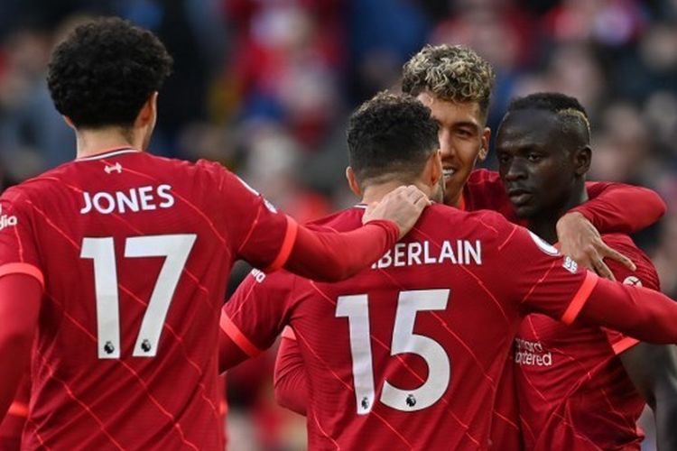 Para pemain Liverpool merayakan gol Sadio Mane ke gawang Brighton pada laga Liga Inggris, Sabtu (30/10/2021).