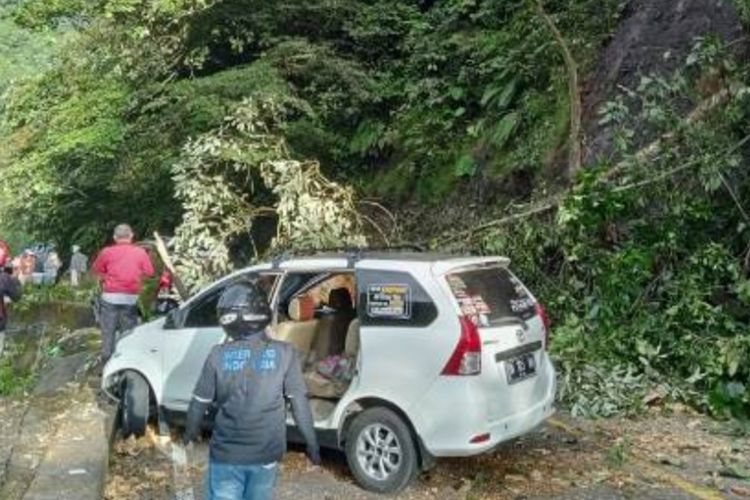 Dua mobil tertimpa pohon tumbang akibat longsor di Silaiang, Tanah Datar, Minggu (7/8/2022).
