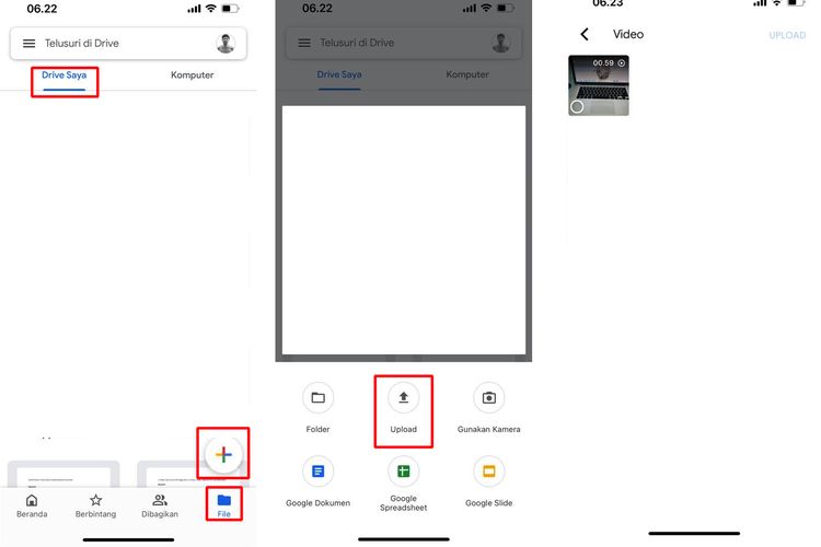 Ilustrasi cara upload video ke Google Drive via HP.