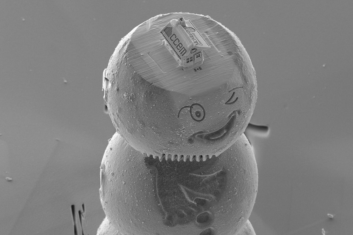 This image released on December 18, 2019, by the Canadian Centre for Electron Microscopy at McMaster University in Hamilton, Canada, show the tiniest gingerbread house on top of a snowman. - Rather than going big with holiday decorations this Christmas, a Canadian microscopy researcher unveiled on Wednesday his creation of a gingerbread house believed to be the smallest of its kind in the world. About half the size of one made in France last year, it was cut and etched from silicon, complete with sharply defined bricks and trim, and a Canada flag for a welcome mat. McMaster University researcher Travis Casagrande said he used a beam of charged gallium ions that acted like a sandblaster. Images provided by the schools Canadian Centre for Electron Microscopy showed the house sitting atop a cap on the head of tiny winking snowman made from materials used in lithium-ion battery research. (Photo by Travis Casagrande / McMaster University / AFP) / RESTRICTED TO EDITORIAL USE - MANDATORY CREDIT AFP PHOTO / McMaster University / Travis Casagrande - NO MARKETING - NO ADVERTISING CAMPAIGNS - DISTRIBUTED AS A SERVICE TO CLIENTS