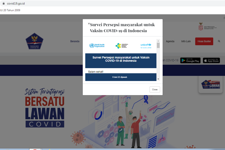 Tangkapan layar survei persepsi masyarakat untuk vaksin Covid-19 di Indonesia