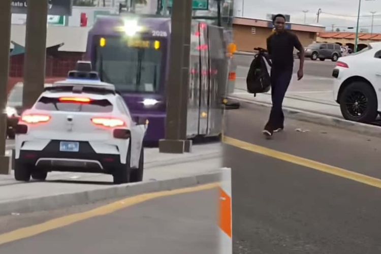 Penumpang Waymo turun setelah mobil taksi otonom itu terjebak di jalur kereta di Arizona, AS.
