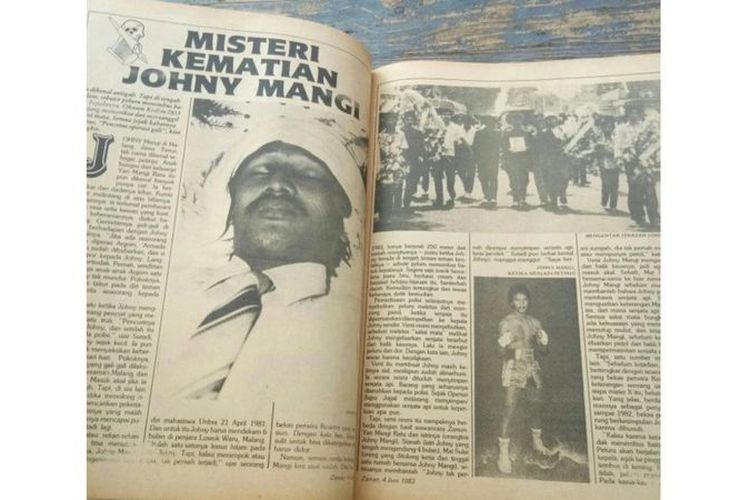 Majalah 'Zaman', edisi 4 Juni 1983, memberitakan tentang misteri kematian Johny Mangi.