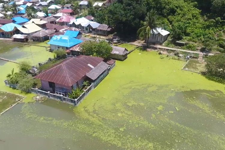 Kondisi Desa Buano, di Kabupaten Seram Bagian Barat, Maluku yang masih dikepung banjir akibat meluapnya telaga di desa tersebut, Selasa (3/3/2020)