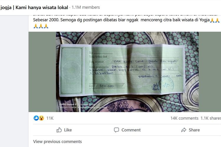 Media sosial Facebook dihebohkan dengan unggahan pemilik akun Facebook Kasri StöñDåkØñ yang menunjukkan sebuah foto kuitansi pembayaran parkir bus di wilayah Yogyakarta seharga Rp 350.000.