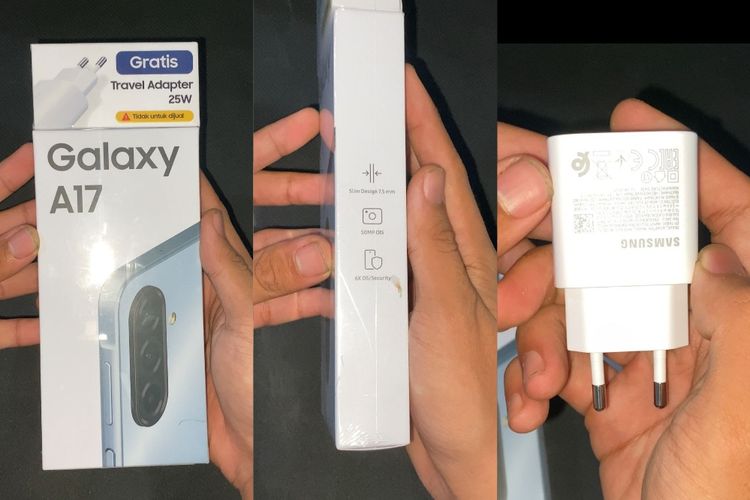 Unboxing Samsung Galaxy A17 4G, terdapat kepala charger dalam paket pembeliannya