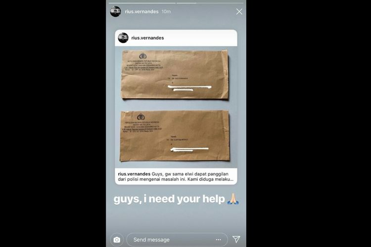 Dalam instagram pribadinya, Rius mengunggah foto surat undangan polisi sebagai saksi dalam kasus ini. Foto diunggah pada Selasa (16/7/2019).