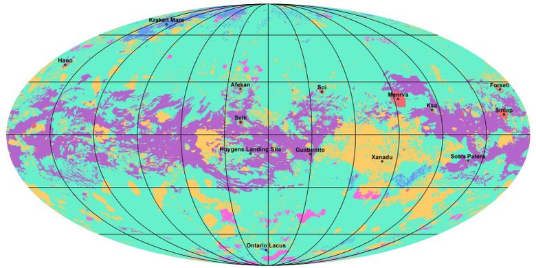 Peta lanskap permukaan Titan, satelit milik Saturnus.