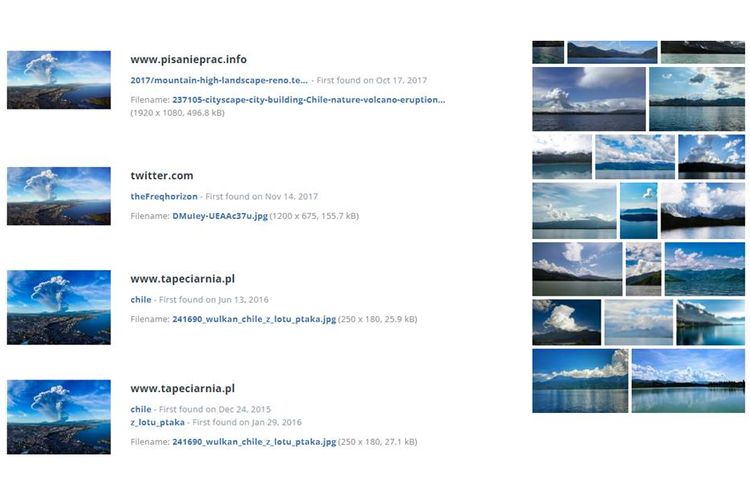 Tangkapan layar hasil pencarian menggunakan TinyEye tentang Gunung Semeru dan air terjun Tumpak Sewu