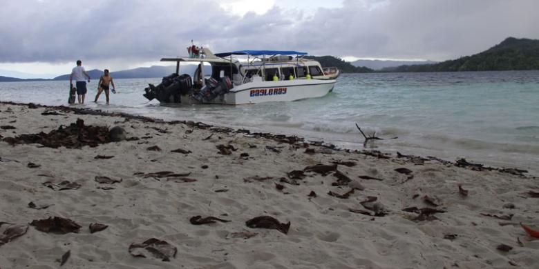 Para peserta Special Interest Diving Famtrip media Perancis undangan Kementerian Pariwisata di Pulau Friwen, Kabupaten Raja Ampat, Papua Barat, Rabu (4/5/2016).