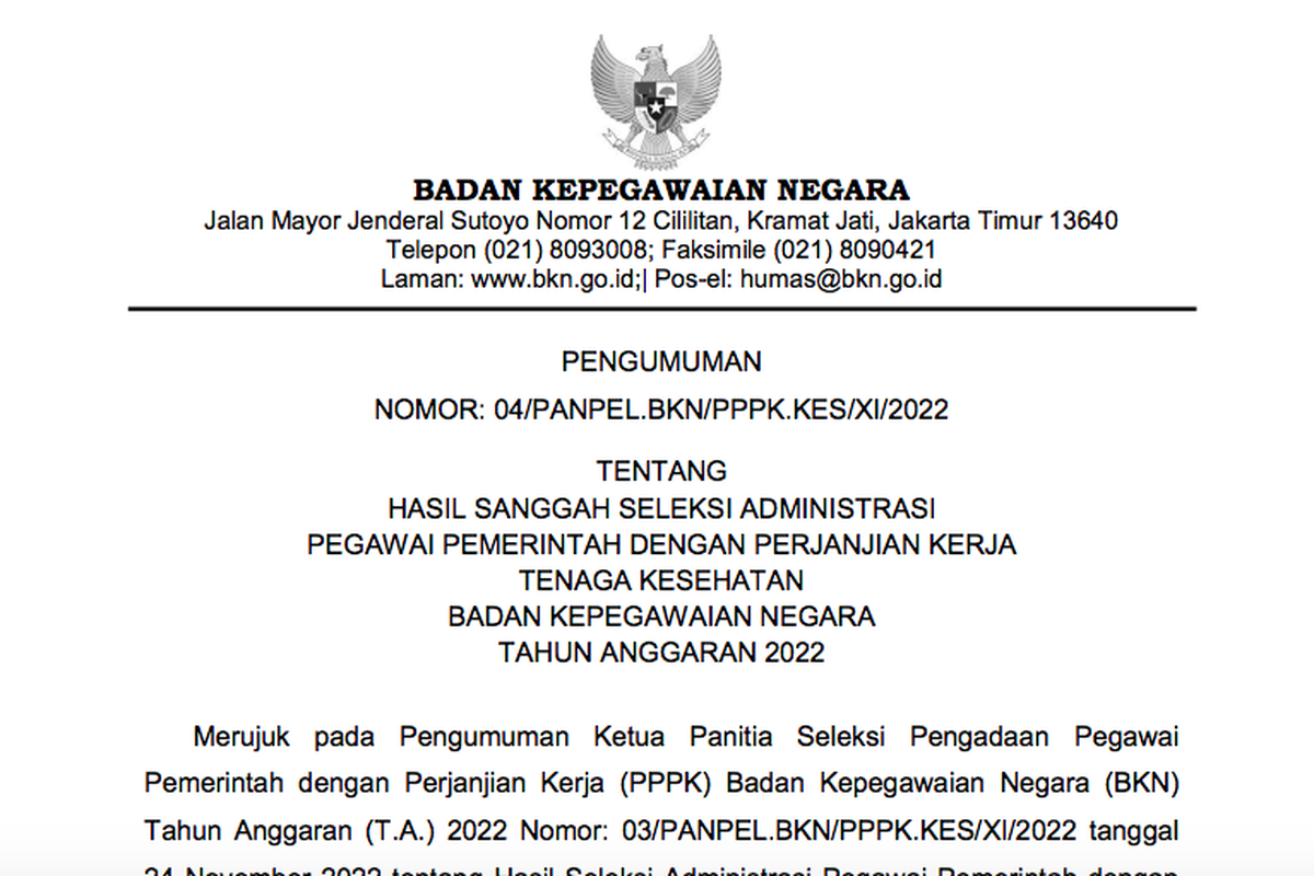 Tangkapan layar pengumuman hasil sanggah seleksi administrasi PPPK Tenaga Kesehatan BKN 2022.