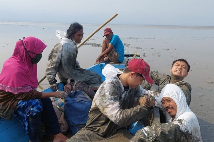 Tim autopsi bangkai paus dari FKH Unair terjebak lumpur di Pantai Kejawan Putih Tambak, Surabaya, Selasa (16/5/2023).