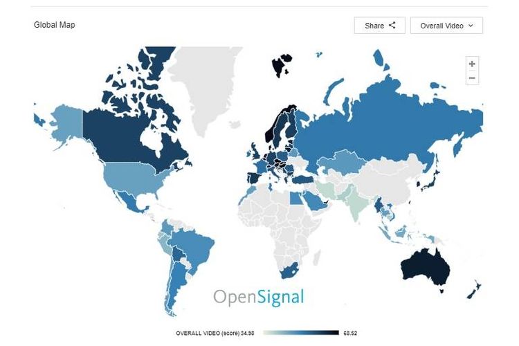 OpenSignal meriset 69 negara di dunia tentang kecepatan download internet dan pengalaman video.