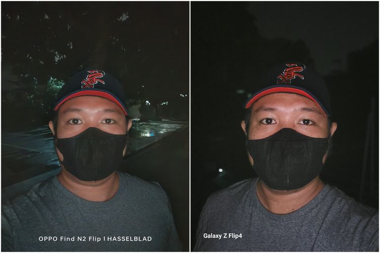 Hasil foto kamera selfie Oppo Find N2 Flip 32 MP (f/2.4) di sebelah kiri dan Samsung Galaxy Z Flip 4 10 MP (f/2.4) di sebelah kanan di malam hari. Bisa dilihat, hasil foto kamera Oppo bisa menampilkan latar belakang obyek yang cukup baik di malam hari, terlepas dari objek manusia yang menjadi fokus utama. Di hasil foto ponsel Samsung, latar belakang foto gelap dan tidak terlihat.