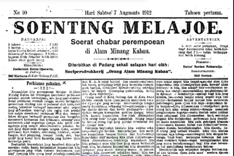 Surat kabar Soenting Melajoe tahun pertama hari Sabtu, 7 Agustus 1912