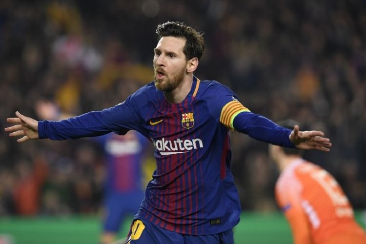 Lionel Messi merayakan gol ketiga Barcelona ke gawang Chelsea pada pertandingan babak 16 besar Liga Champions di Stadion Camp Nou, 14 Maret 2018.