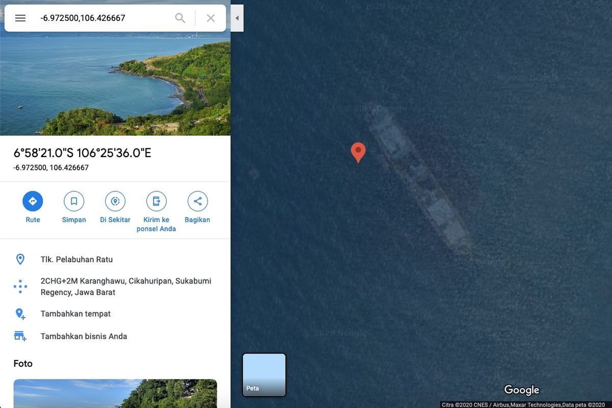 Google Maps Kapal Karam di Pantai Cikembang, Sukabumi, Jawa Barat.