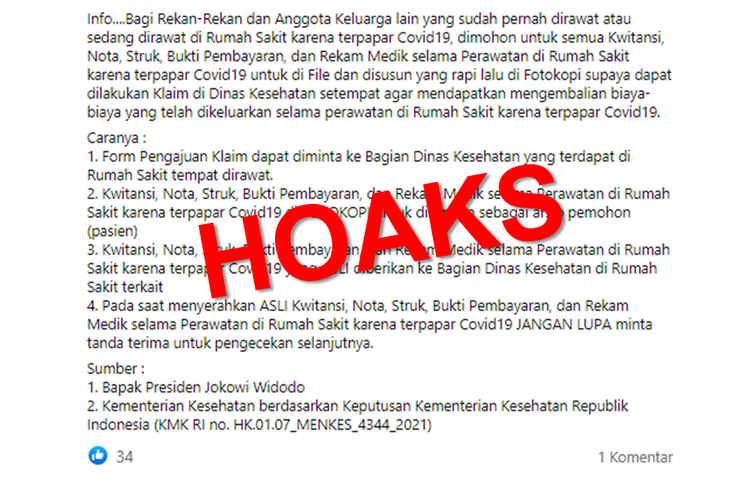 Hoaks, tangkapan layar pesan berantai berisi cara mengklaim biaya pasien Covid-19 di Rumah Sakit (RS) melalui dinas kesehatan.