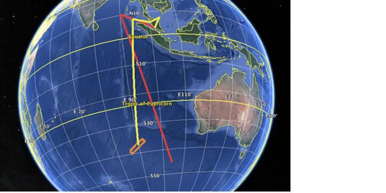 Ruta del simulador de vuelo (roja) encontrada en el disco duro del capitán del MH370, comparada con la ruta del MH370 (amarilla) basada en los datos de ping del satélite Inmarsat.