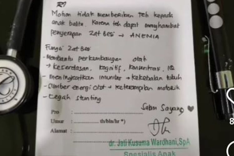 Resep dr. Jati Kusuma Wardhani, Sp. A yang viral mengenai imbauan tidak memberi teh pada anak