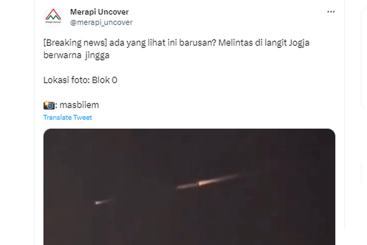 Tangkapan layar twit soal penampakan benda berwarna jingga melintasi langit Yogyakarta