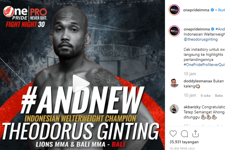 Theodorus Ginting mengalahkan Rudy Gunawan dalam pertarungan One Pride MMA Fight Night 30 di Stadion Tenis Indoor, Kompleks Gelora Bung Karno, Jakarta, Sabtu (27/7/2019) malam.
