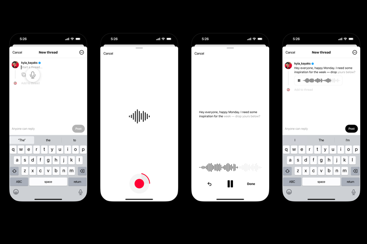 Threads juga merilis fitur baru Voice Threads untuk posting audio. Ketika diputar, pengguna akan melihat hasil transkrip kata per kata secara real-time, mengikuti bagian yang sedang dibicarakan.