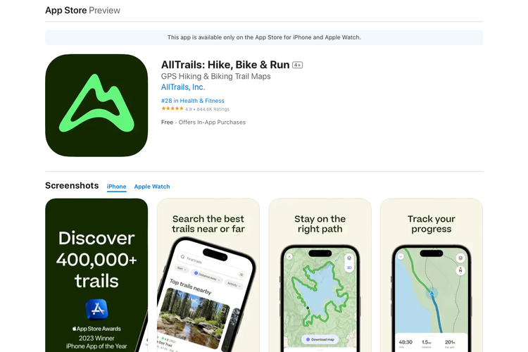 Aplikasi AllTrails: Hike, Bike & Run menjadi aplikasi terbaik di iPhone sepanjang 2023
