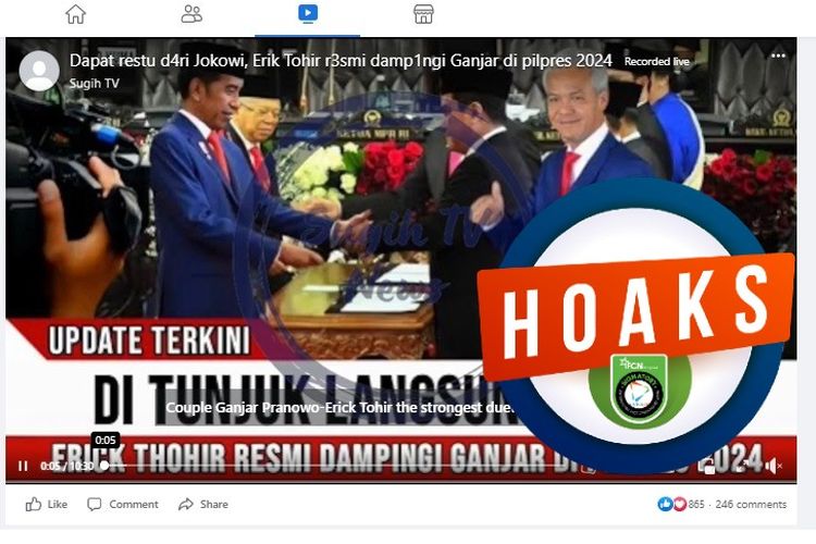 Tangkapan layar Facebook narasi yang menyebut Erick Thohir resmi menjadi cawapres Ganjar Pranowo