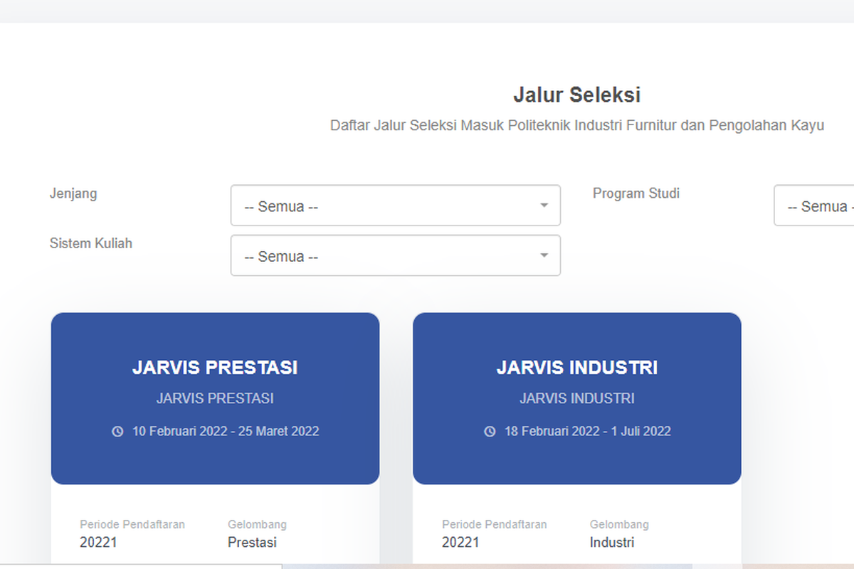 Salah satu Politeknik milik Kementerian Perindustrian (Kemenperin), Politeknik Industri Furnitur dan Pengolahan Kayu (Polifurneka) menawarkan program Beasiswa jalur Penerimaan Vokasi Industri (Jarvis) Prestasi.