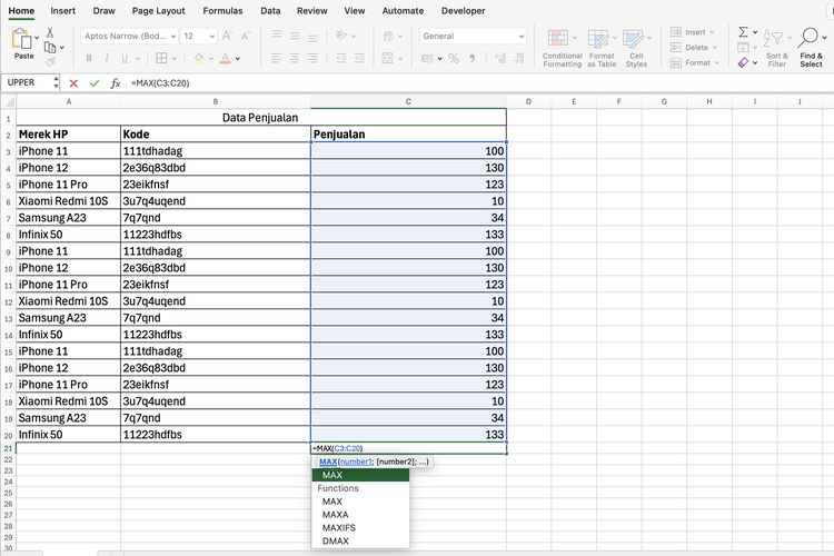 Ilustrasi rumus MAX di Excel