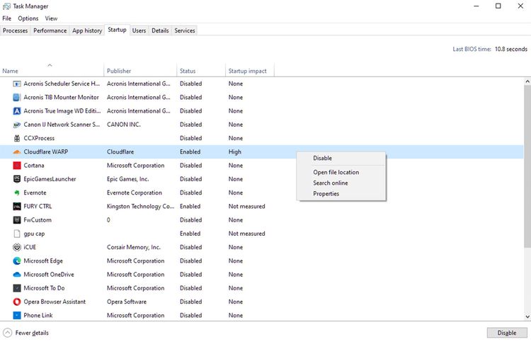 Tampilan aplikasi-aplikasi startup di Task Manager Windows 10