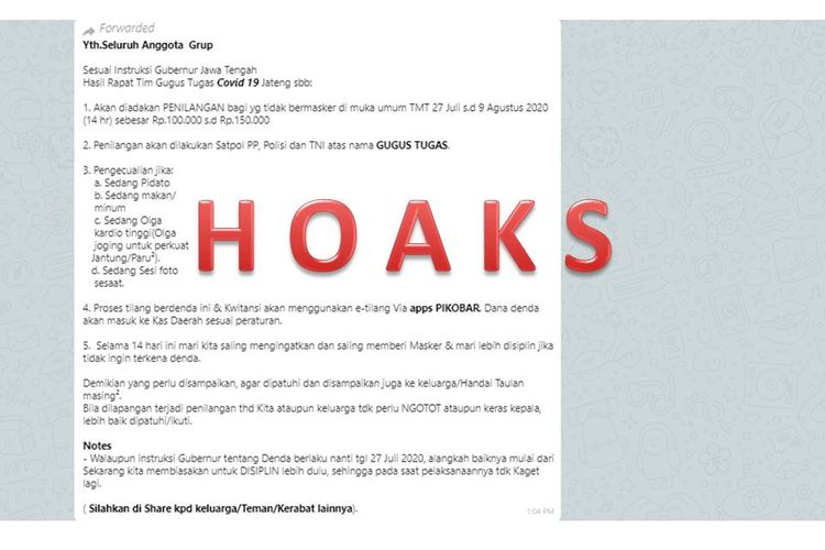 Hoaks, denda tak menggunakan masker di Jawa Tengah.