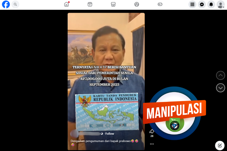 Tangkapan layar konten manipulatif di sebuah akun Facebook, menampilkan video Prabowo menyebutkan setiap NIK berisi akses untuk mendapatkan bantuan sosial Rp 7 juta pada September 2025.