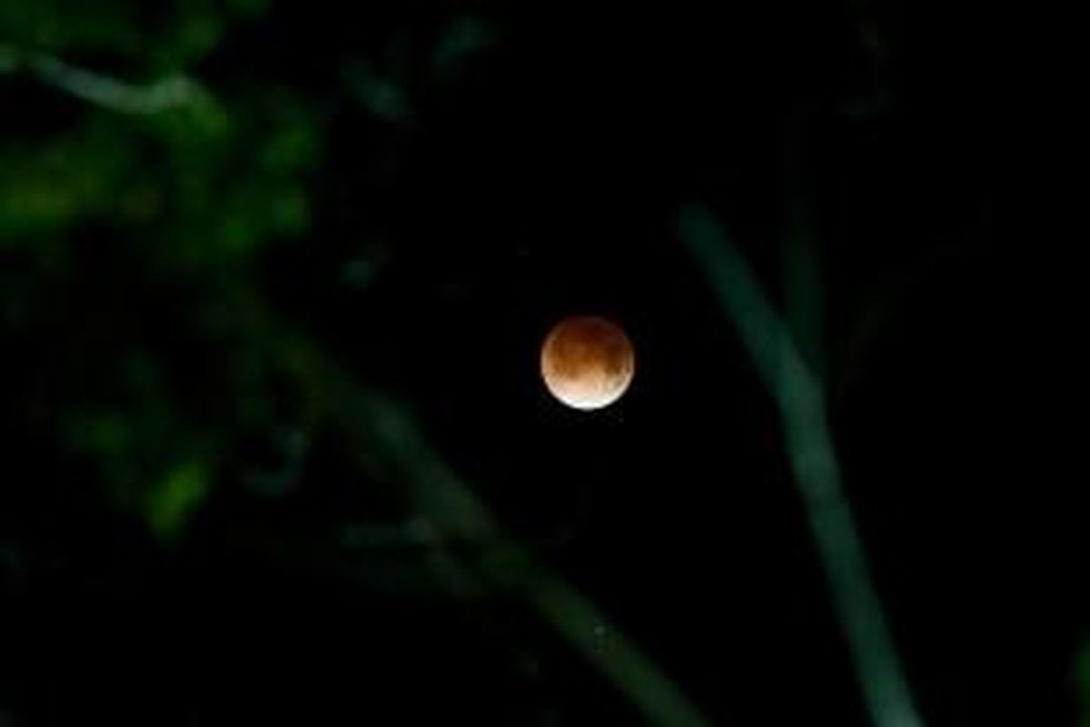 Gerhana bulan terlihat di San Salvador, El Salvador, 15 April 2014. Gerhana bulan kali ini terbilang langka karena bulan berubah warna dari oranye ke merah darah.