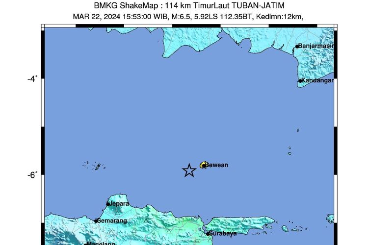 Wilayah Laut Jawa diguncang gempa tektonik pada Jumat (22/3/2024) pukul 15.52.58 WIB. Hasil analisis BMKG menunjukkan gempabumi ini memiliki parameter update dengan magnitudo M6,5. Ini merupakan gempa susulan ke-20 yang terjadi Jumat siang hingga sore.