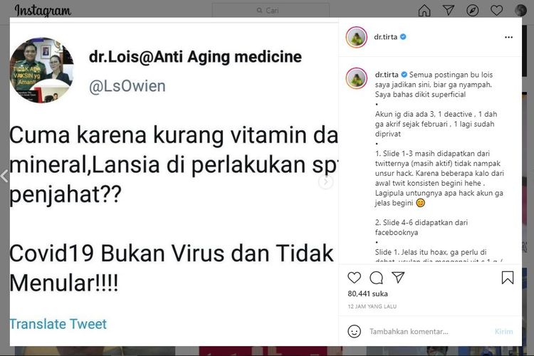 Dokter Lois Owen membuat heboh dunia maya karena menyebarkan informasi bahwa Covid-19 bukanlah disebabkan virus. Sang dokter pun menyebut banyaknya pasien meninggal di rumah sakit bukan karena Covdi-19, melainkan interaksi obat-obatan yang berlebihan.