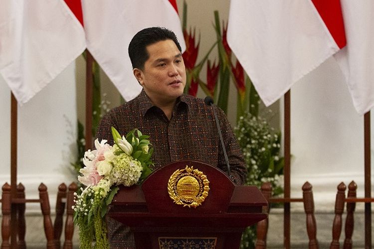 A file photo of State-Owned Enterprises Minister Erick Thohir who is also the chief executive of the newly established Covid-19 Handling and National Economic Recovery Committee delivering his speech at an event dated July 17, 2020. 