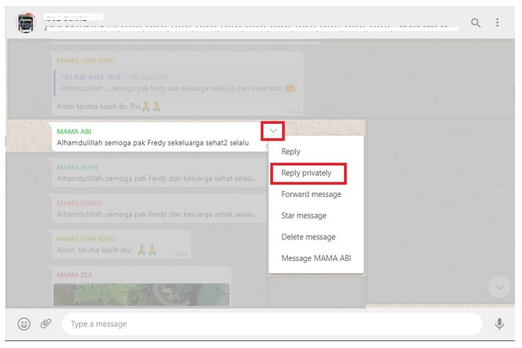 Cara menggunakan fitur Reply Privately untuk membalas pesan secara rahasia di Grup WhatsApp via desktop
