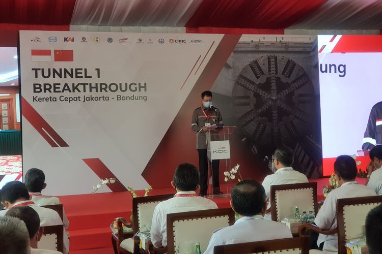 Indonesia-China consortium Kereta Cepat Indonesia China (KCIC) president director Chandra Dwiputra delivers his speech during the launch ceremony of a 1,885-meter Tunnel 1 for the Jakarta-Bandung high-speed railway (KCJB) project on Tuesday, December 15, 2020. 